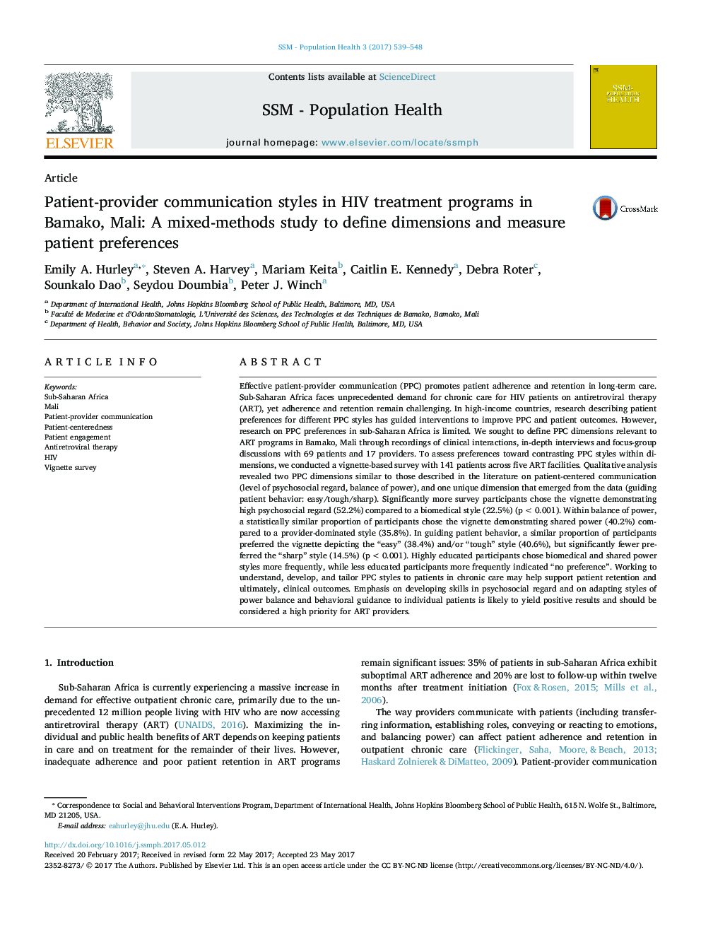 Patient-provider communication styles in HIV treatment programs in Bamako, Mali: A mixed-methods study to define dimensions and measure patient preferences