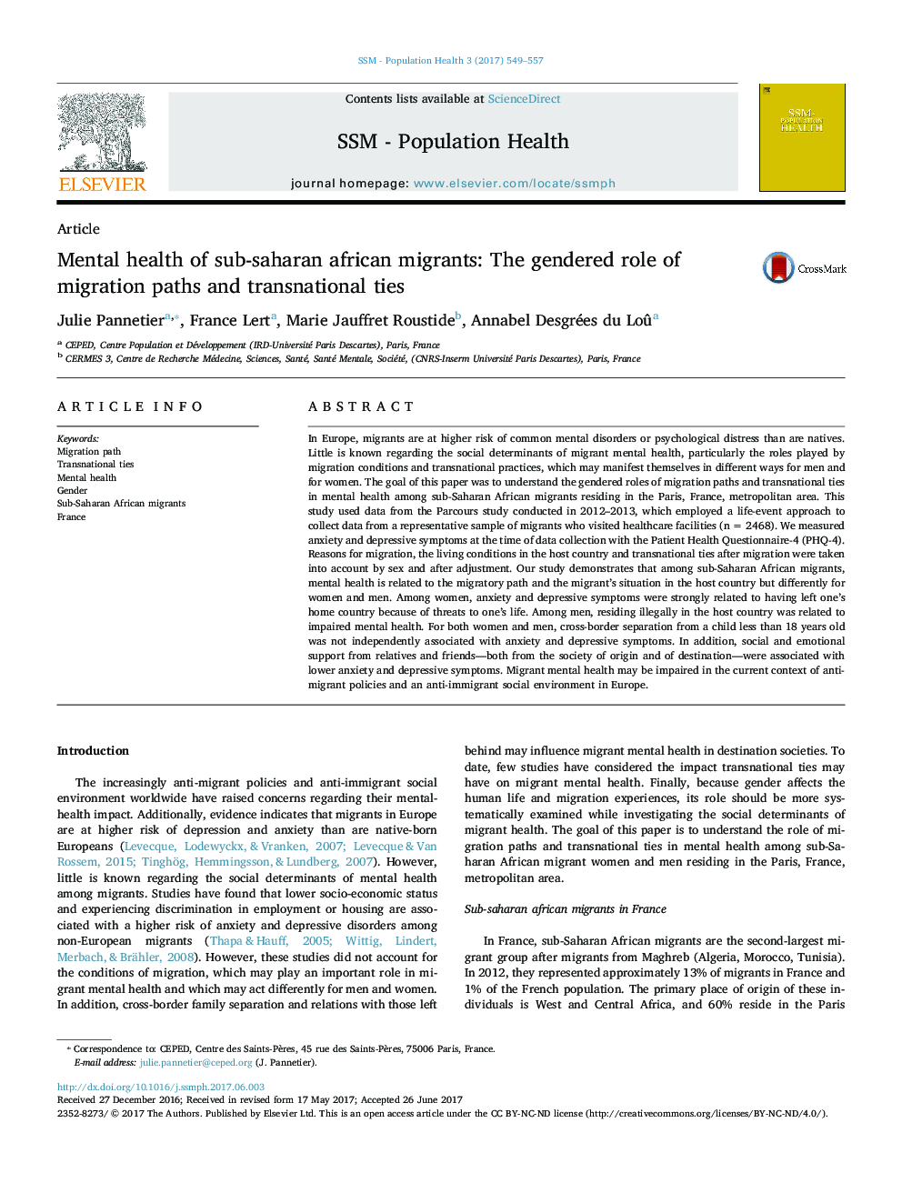 ArticleMental health of sub-saharan african migrants: The gendered role of migration paths and transnational ties