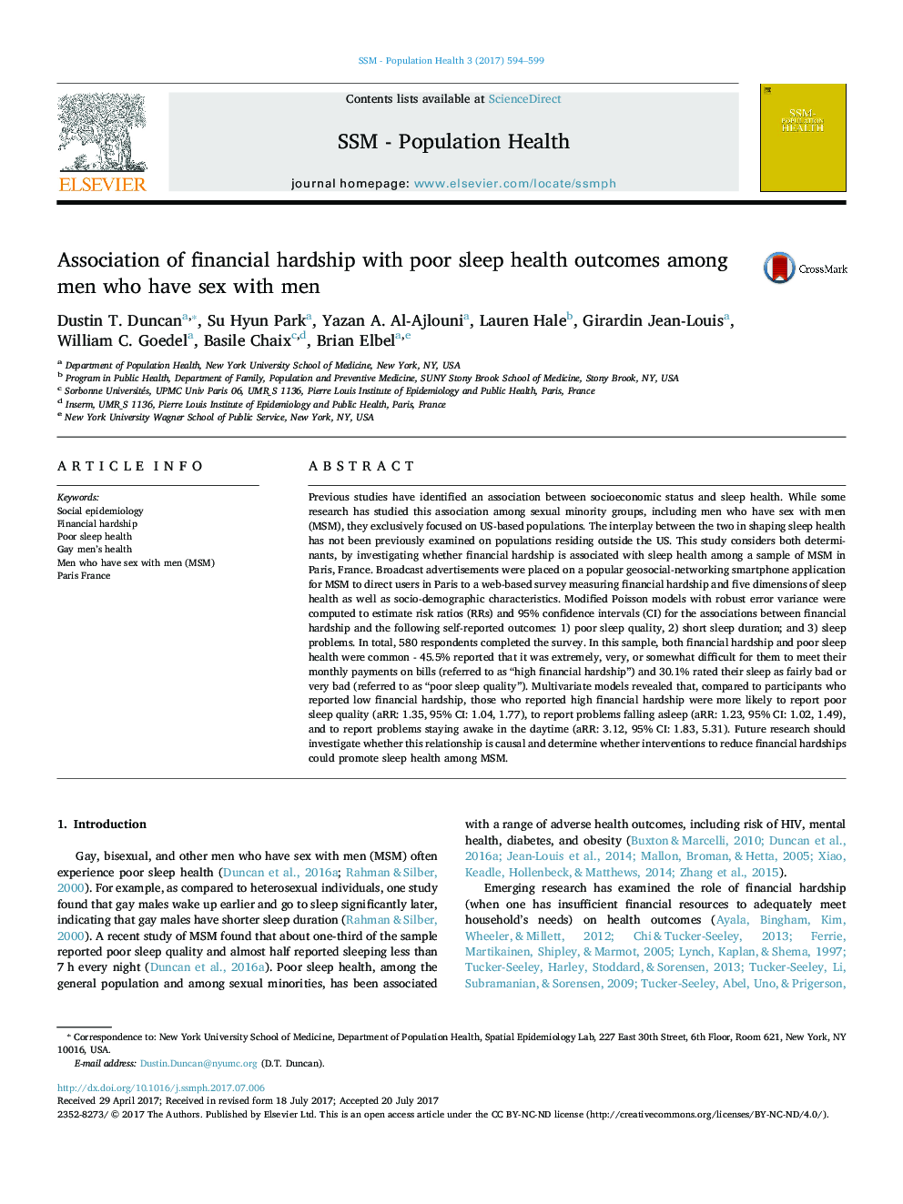 Association of financial hardship with poor sleep health outcomes among men who have sex with men