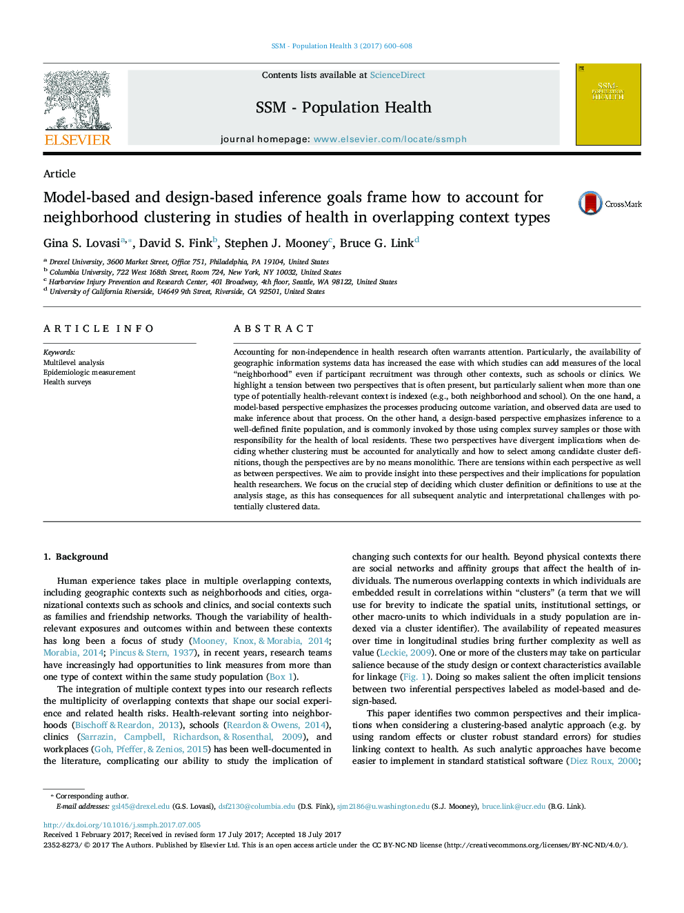 Model-based and design-based inference goals frame how to account for neighborhood clustering in studies of health in overlapping context types