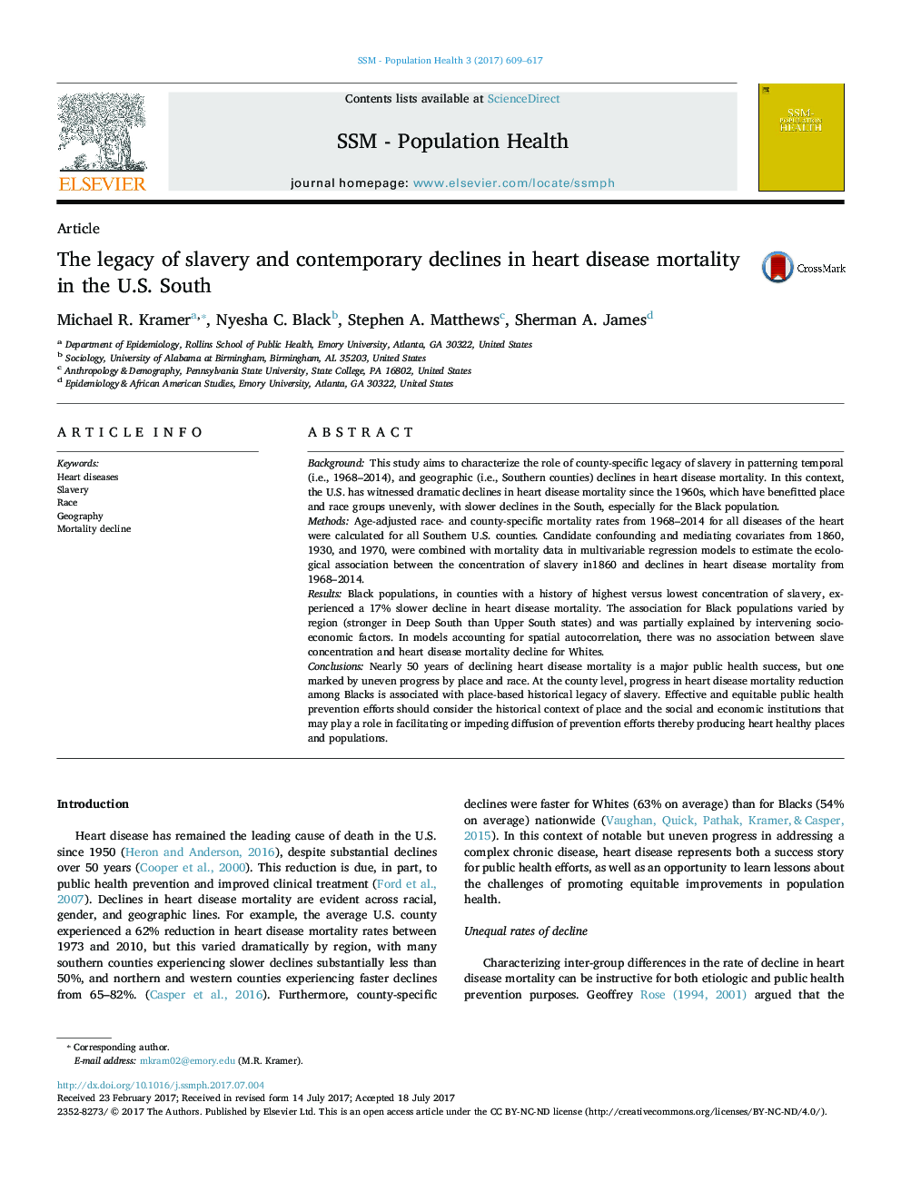 The legacy of slavery and contemporary declines in heart disease mortality in the U.S. South