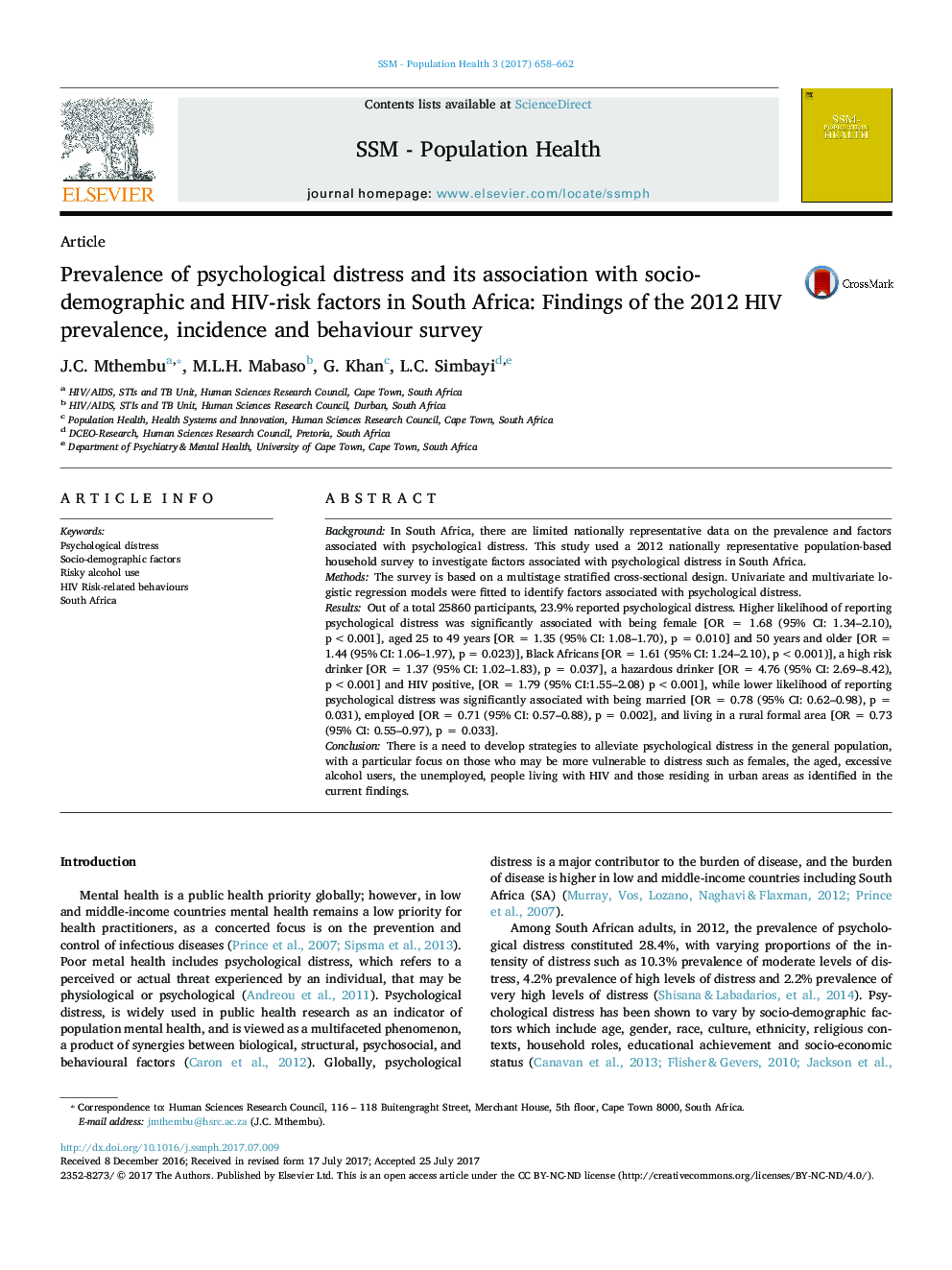 Prevalence of psychological distress and its association with socio-demographic and HIV-risk factors in South Africa: Findings of the 2012 HIV prevalence, incidence and behaviour survey