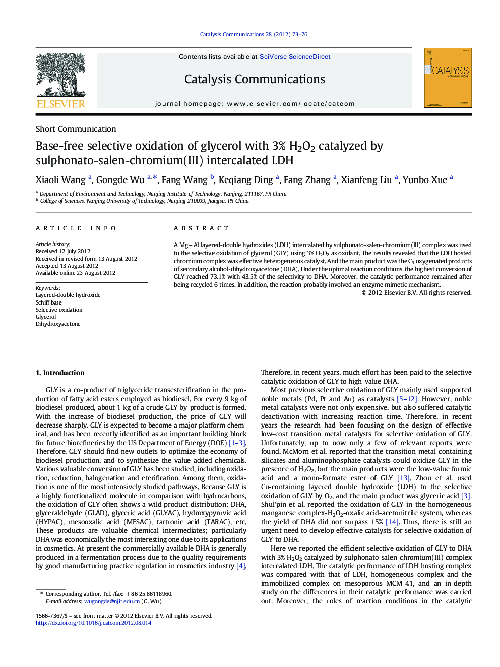 Base-free selective oxidation of glycerol with 3% H2O2 catalyzed by sulphonato-salen-chromium(III) intercalated LDH