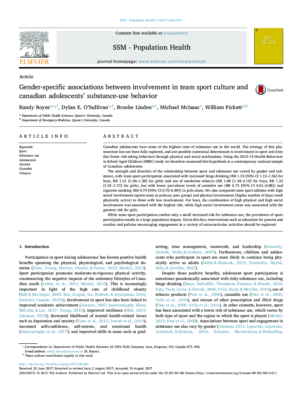 Gender-specific associations between involvement in team sport culture and canadian adolescents' substance-use behavior