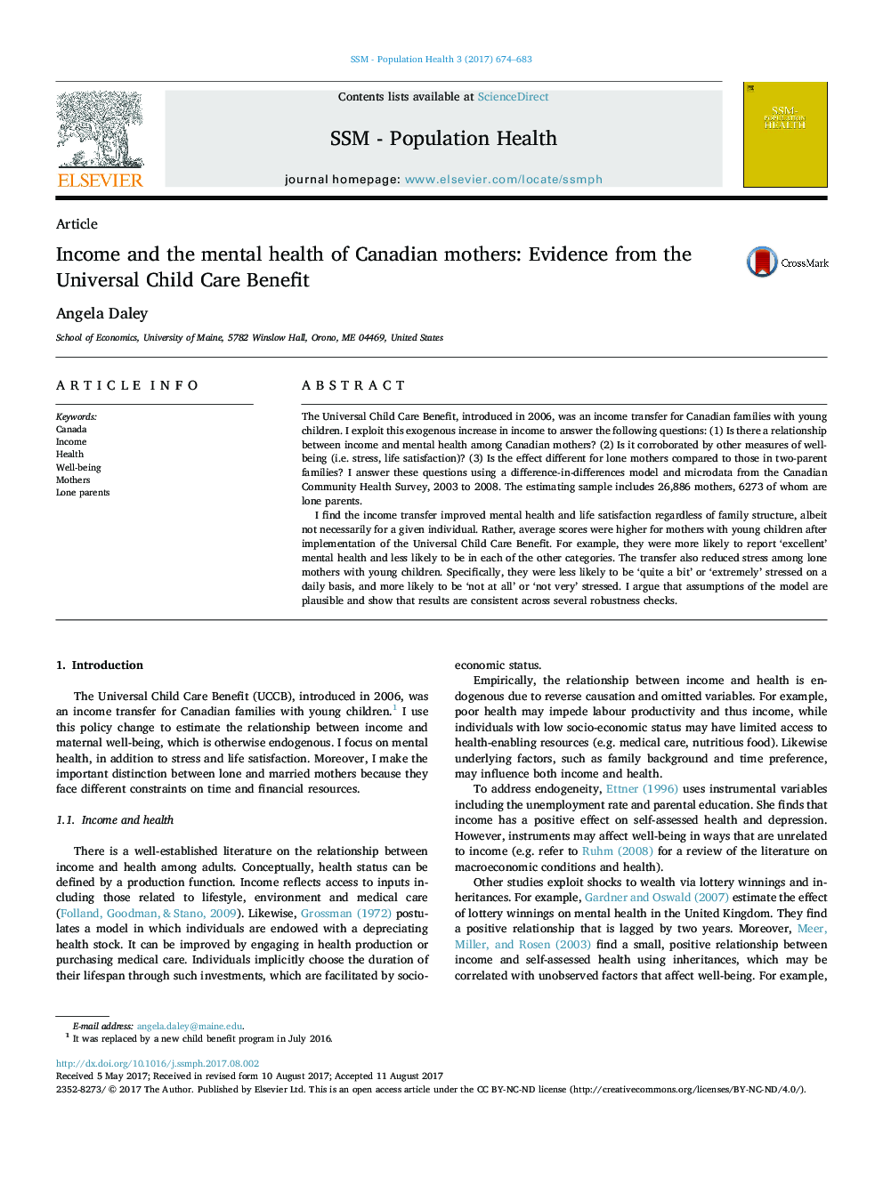 Income and the mental health of Canadian mothers: Evidence from the Universal Child Care Benefit