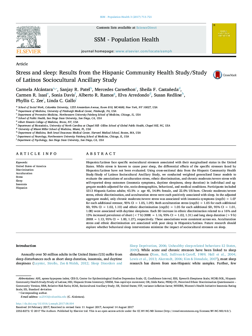 Stress and sleep: Results from the Hispanic Community Health Study/Study of Latinos Sociocultural Ancillary Study