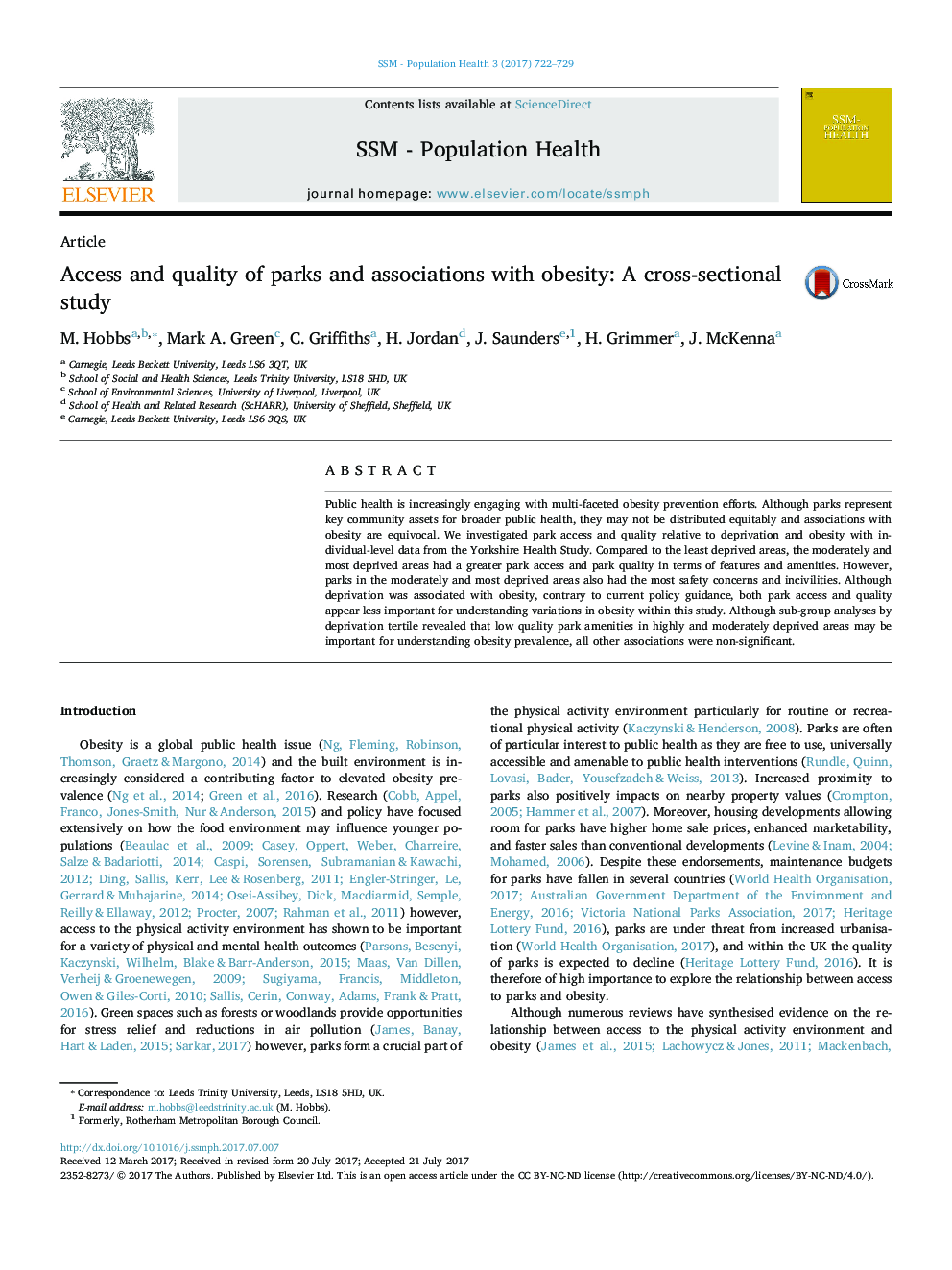 Access and quality of parks and associations with obesity: A cross-sectional study