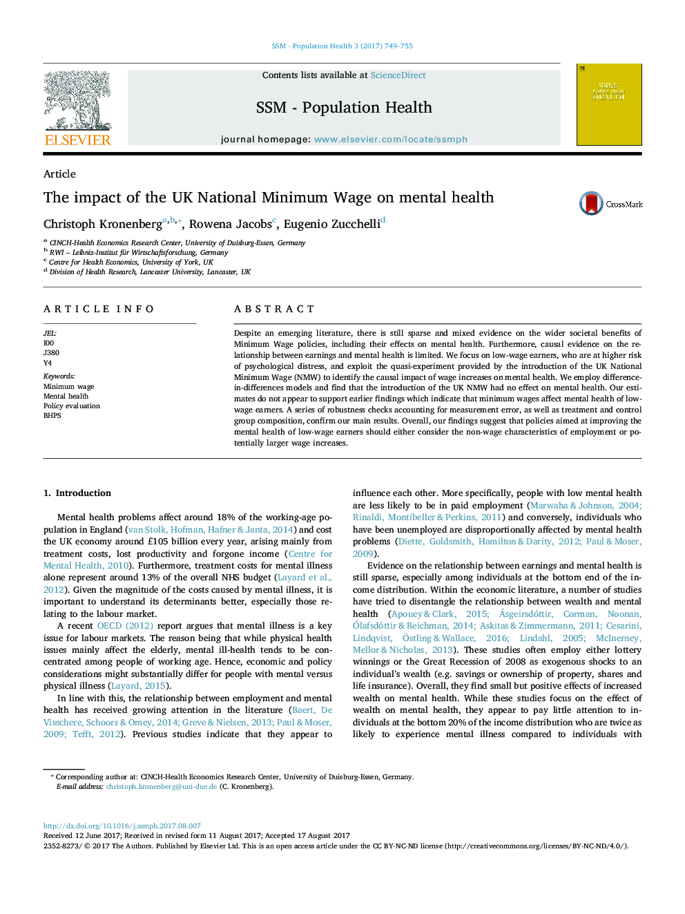 The impact of the UK National Minimum Wage on mental health