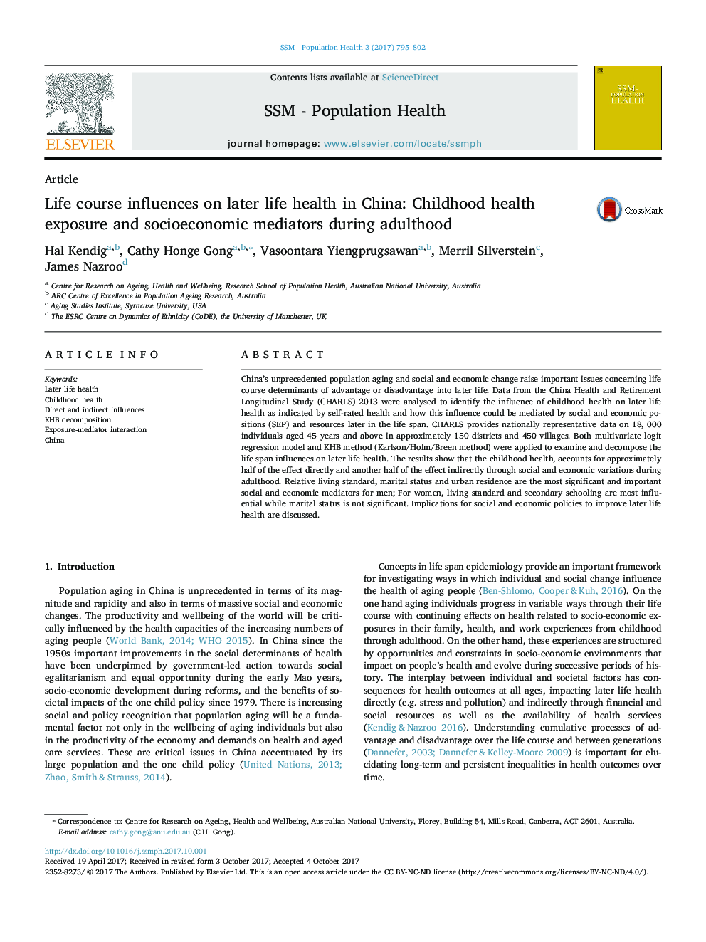 Life course influences on later life health in China: Childhood health exposure and socioeconomic mediators during adulthood