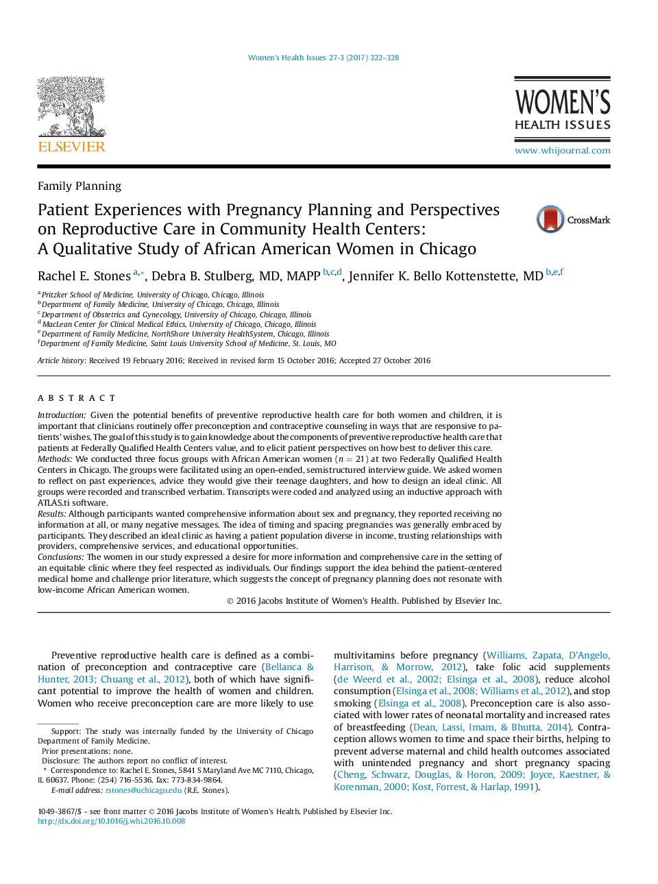 Patient Experiences with Pregnancy Planning and Perspectives on Reproductive Care in Community Health Centers: AÂ Qualitative Study of African American Women in Chicago