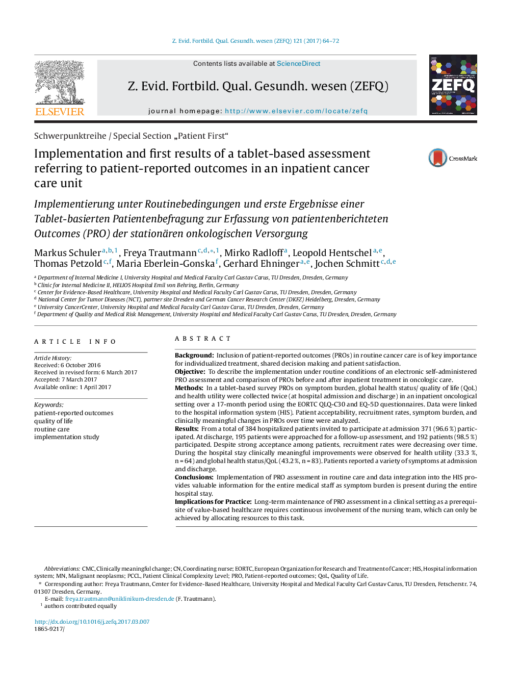 Implementation and first results of a tablet-based assessment referring to patient-reported outcomes in an inpatient cancer care unit