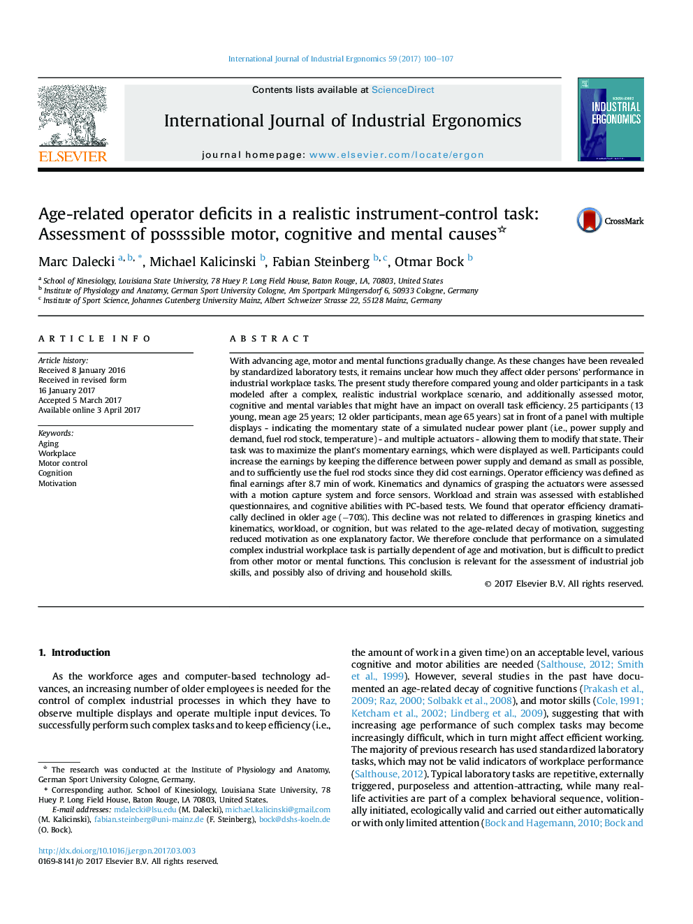 Age-related operator deficits in a realistic instrument-control task: Assessment of possssible motor, cognitive and mental causes