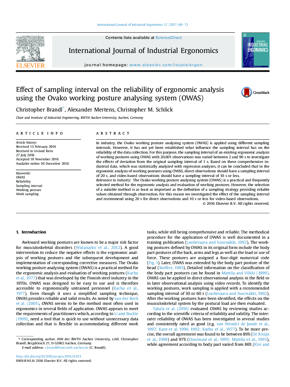 Effect of sampling interval on the reliability of ergonomic analysis using the Ovako working posture analysing system (OWAS)