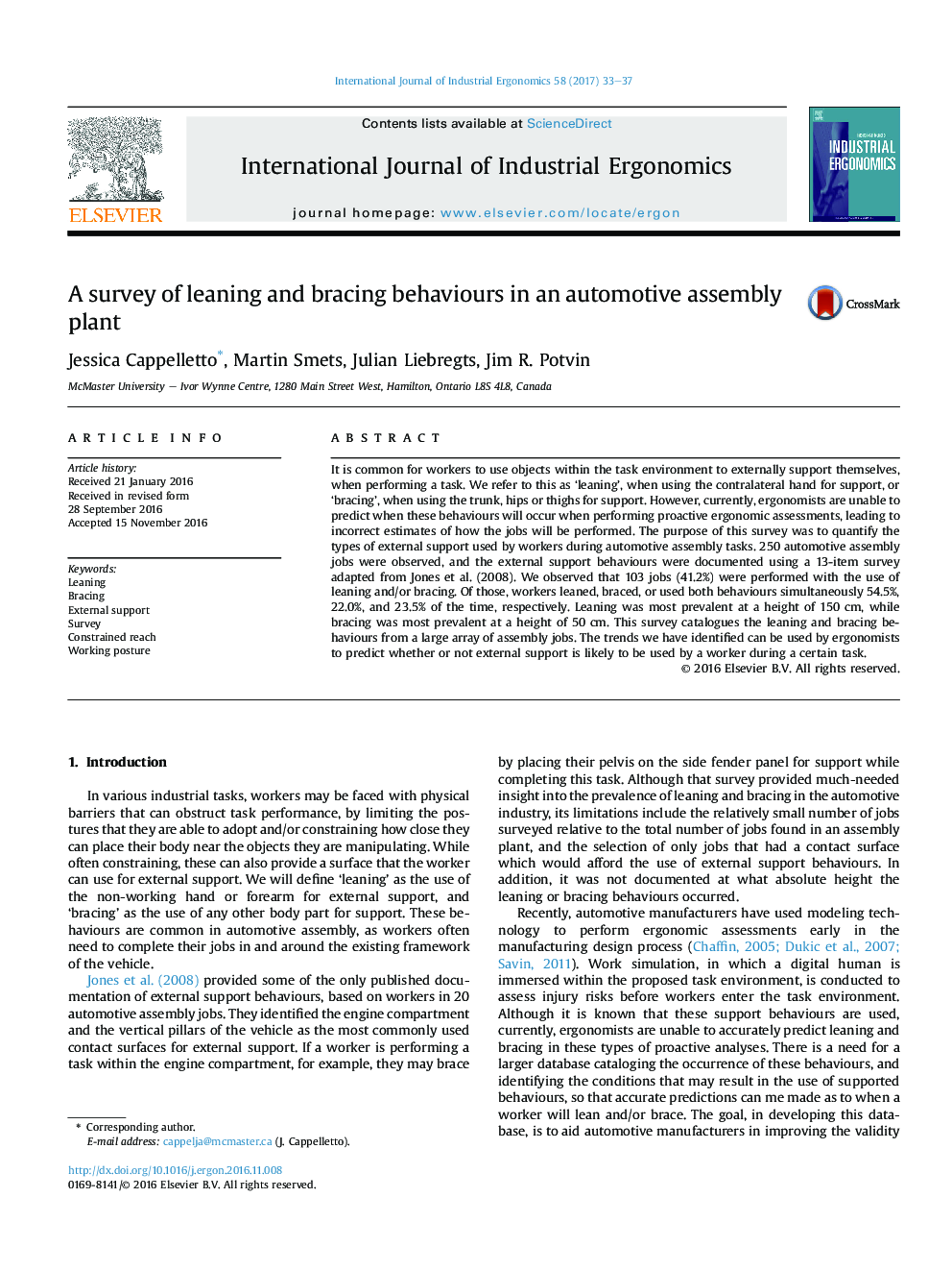 A survey of leaning and bracing behaviours in an automotive assembly plant