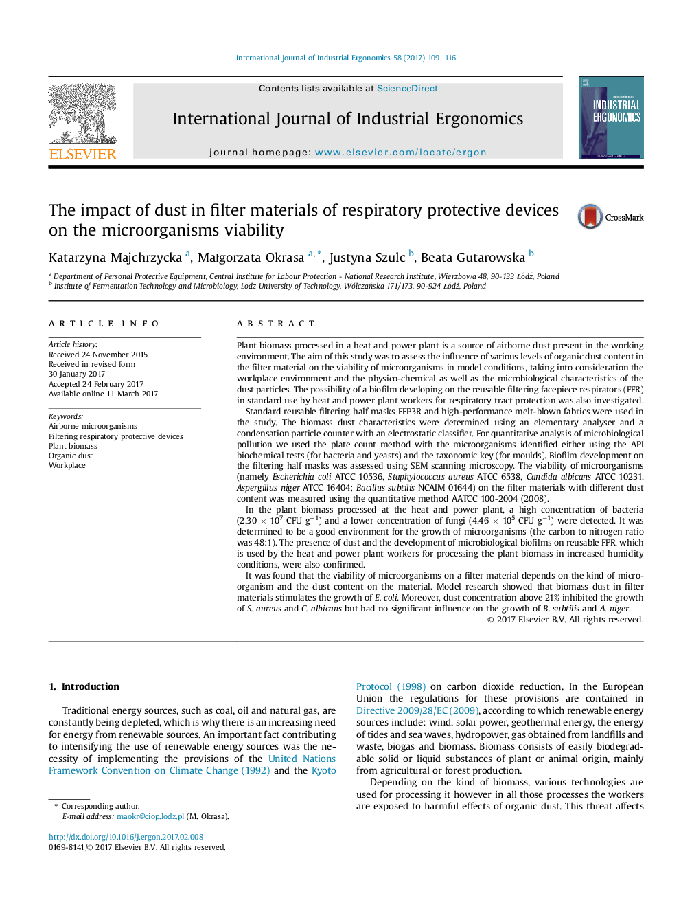 The impact of dust in filter materials of respiratory protective devices on the microorganisms viability