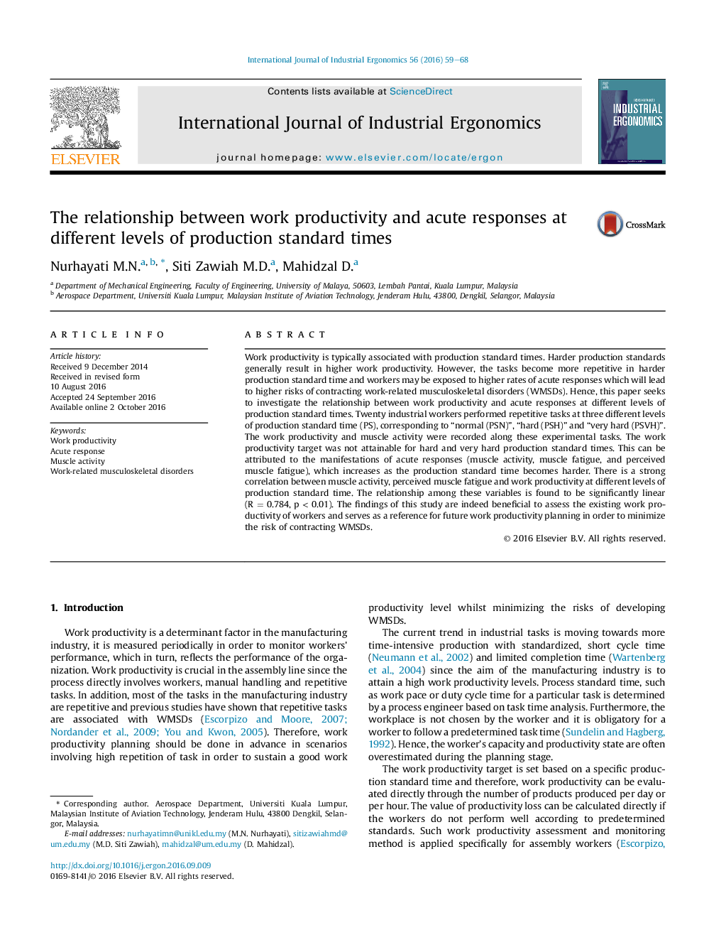 The relationship between work productivity and acute responses at different levels of production standard times