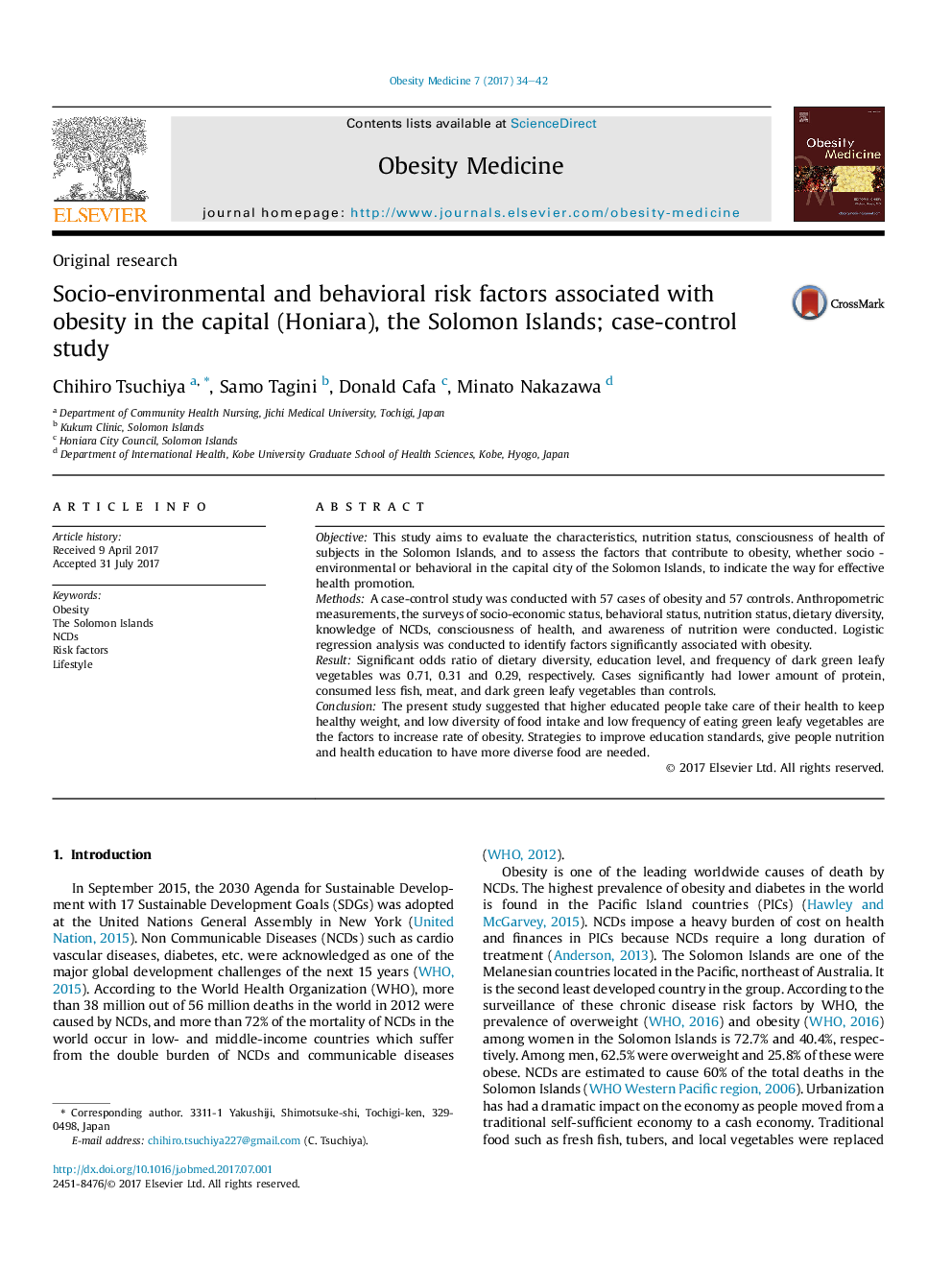 Socio-environmental and behavioral risk factors associated with obesity in the capital (Honiara), the Solomon Islands; case-control study