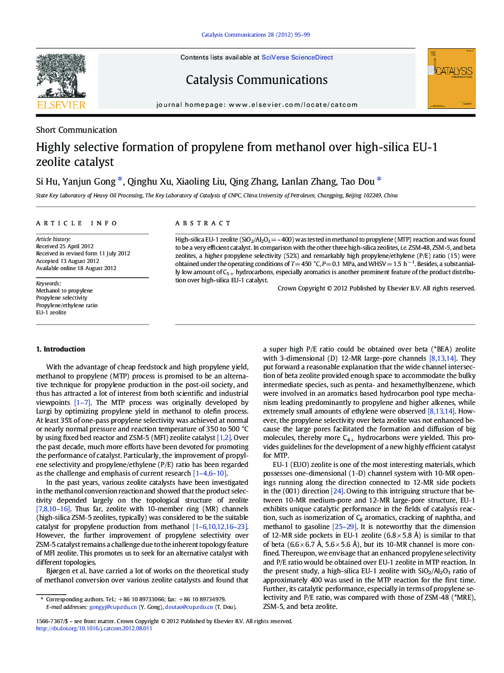 Highly selective formation of propylene from methanol over high-silica EU-1 zeolite catalyst