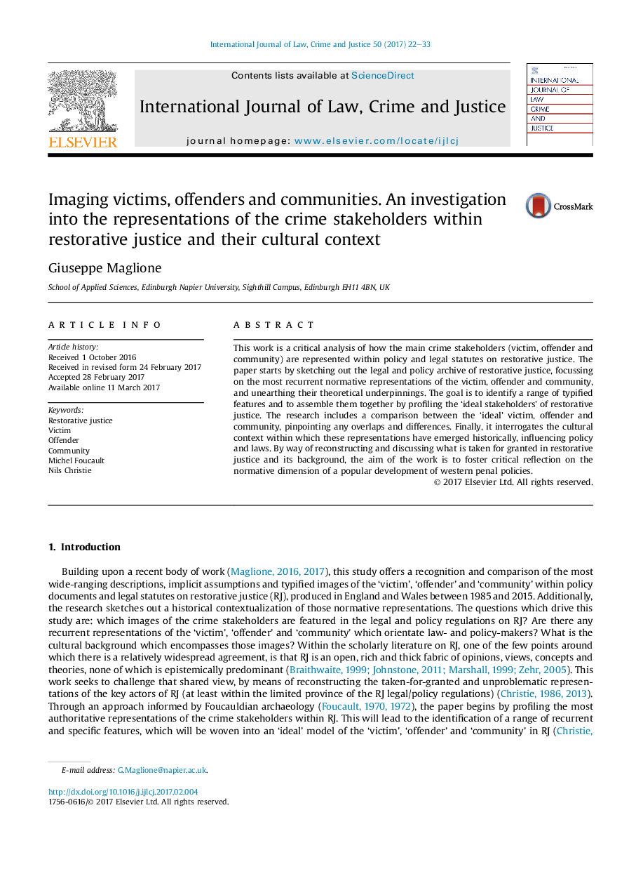 Imaging victims, offenders and communities. An investigation into the representations of the crime stakeholders within restorative justice and their cultural context