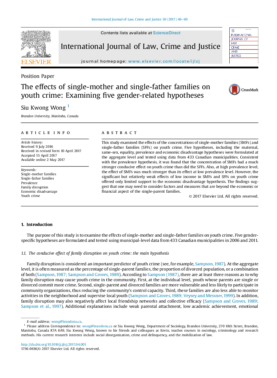 The effects of single-mother and single-father families on youth crime: Examining five gender-related hypotheses