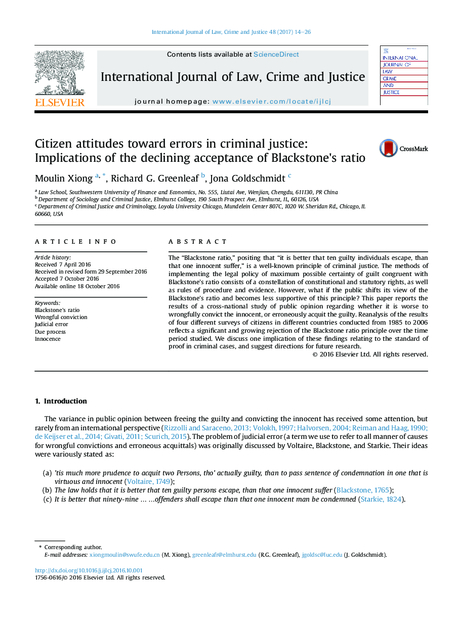 Citizen attitudes toward errors in criminal justice: Implications of the declining acceptance of Blackstone's ratio