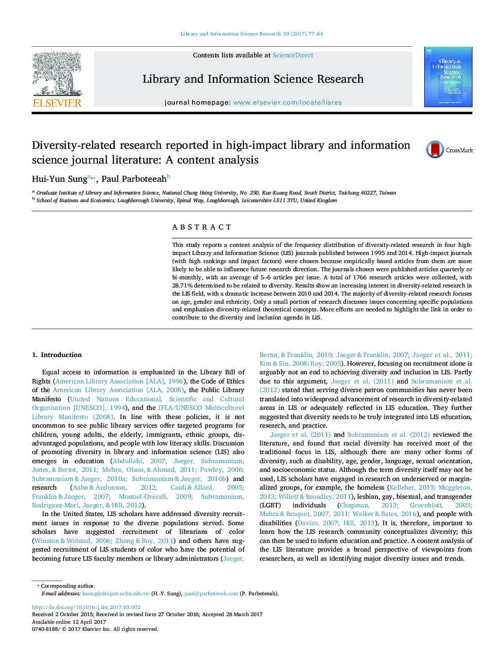 Diversity-related research reported in high-impact library and information science journal literature: A content analysis