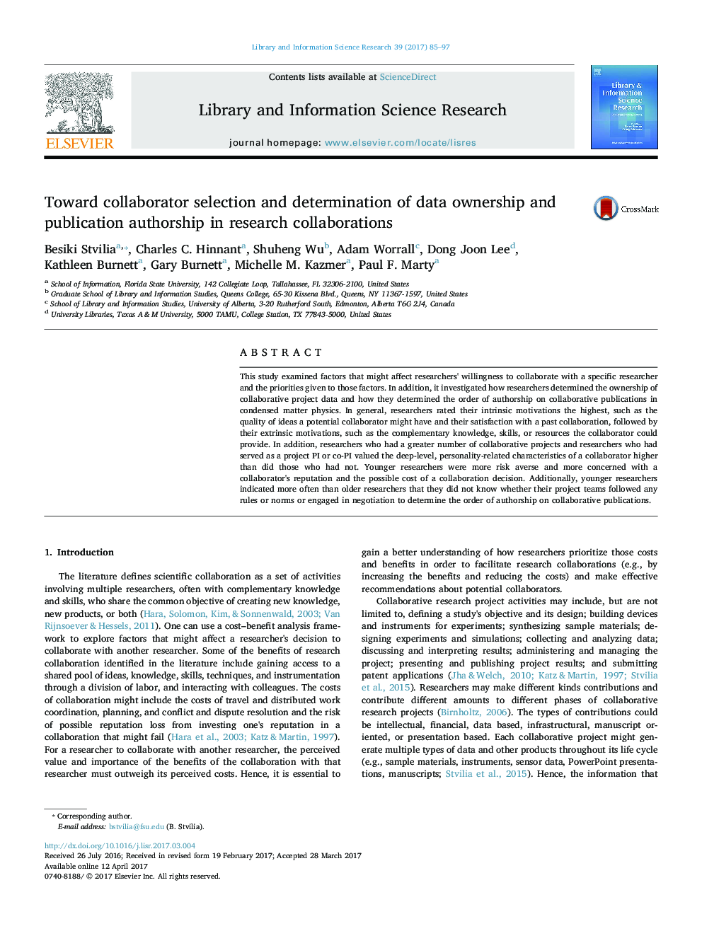 Toward collaborator selection and determination of data ownership and publication authorship in research collaborations