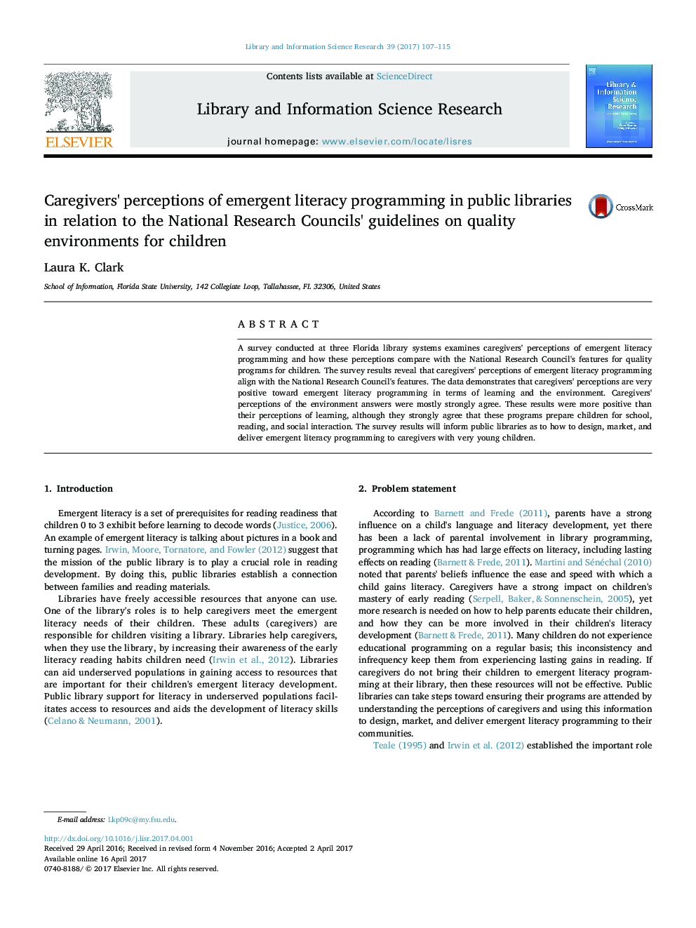 Caregivers' perceptions of emergent literacy programming in public libraries in relation to the National Research Councils' guidelines on quality environments for children