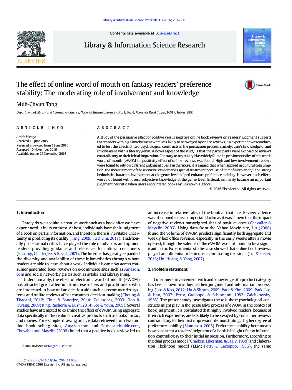 The effect of online word of mouth on fantasy readers' preference stability: The moderating role of involvement and knowledge