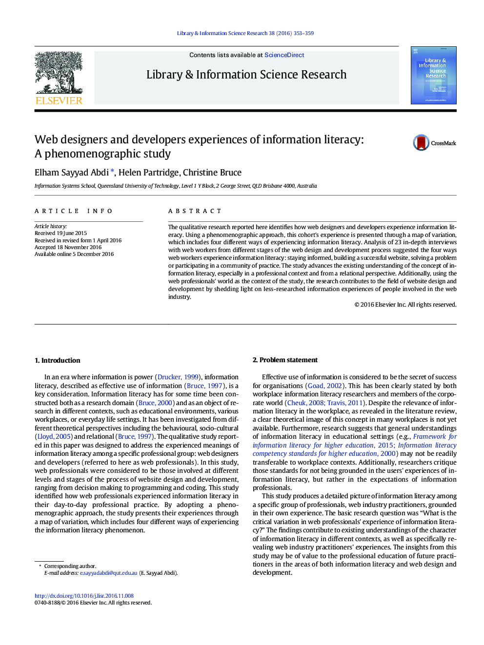 Web designers and developers experiences of information literacy: A phenomenographic study