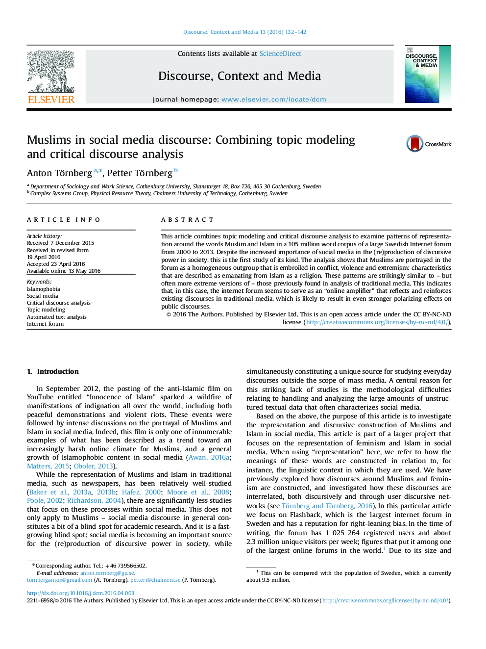 Muslims in social media discourse: Combining topic modeling and critical discourse analysis