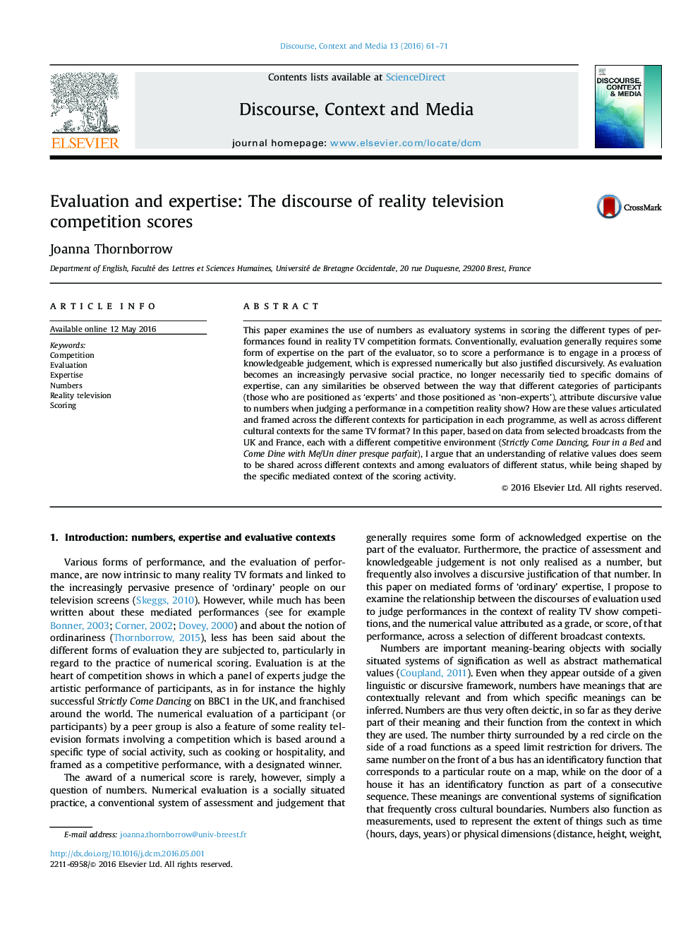 Evaluation and expertise: The discourse of reality television competition scores