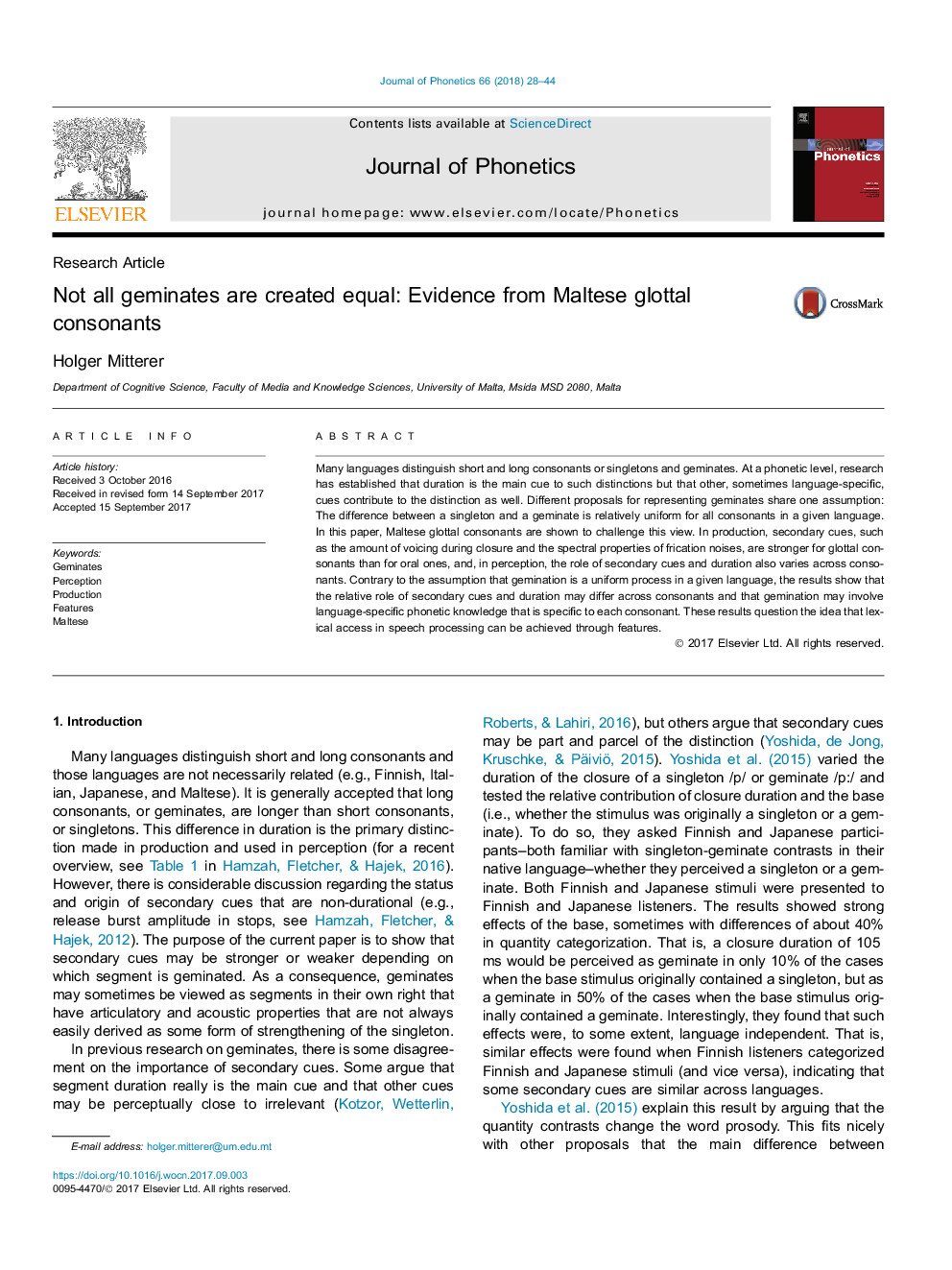 Not all geminates are created equal: Evidence from Maltese glottal consonants