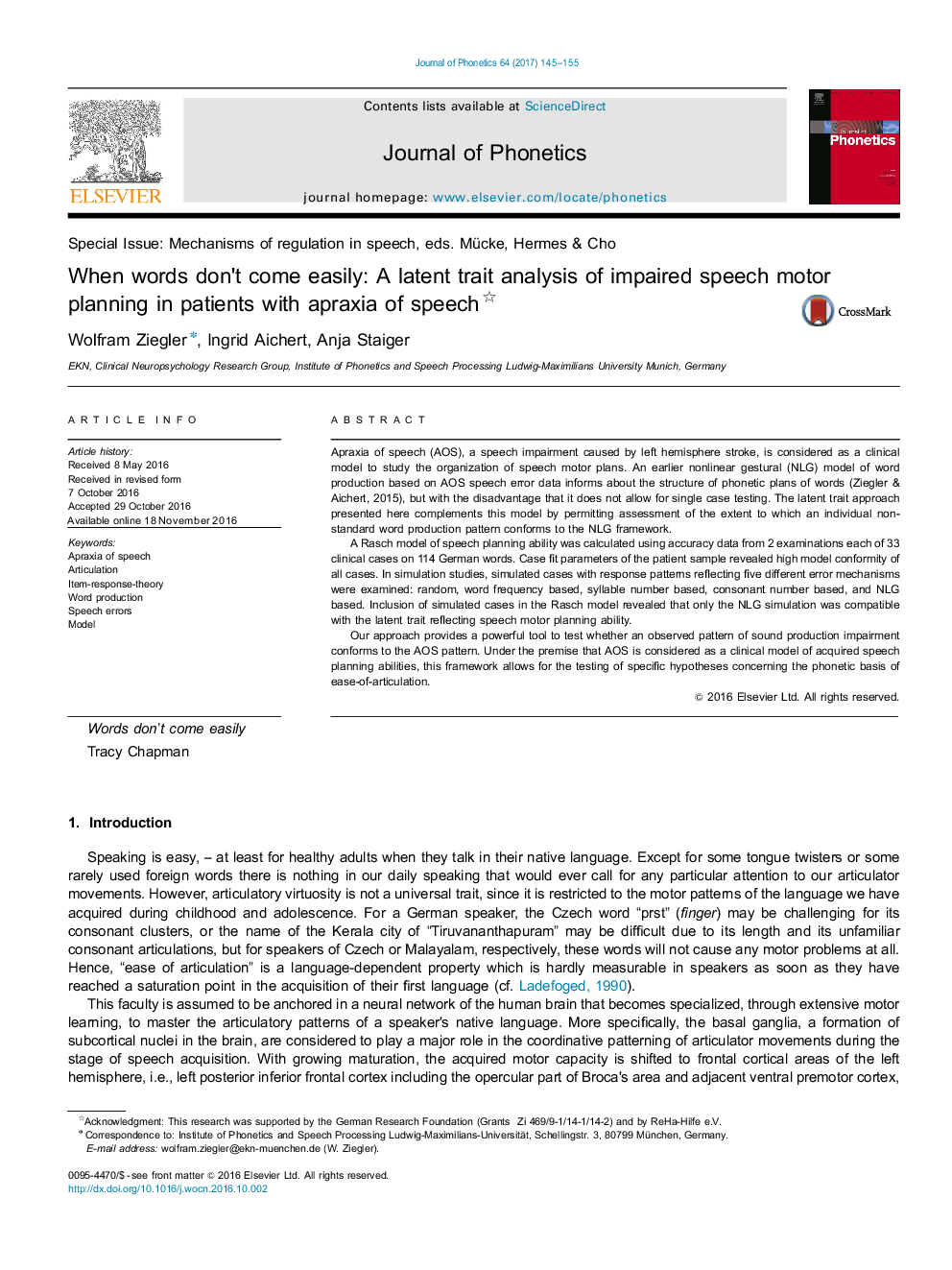 Special Issue: Mechanisms of regulation in speech, eds. Mücke, Hermes & ChoWhen words don×³t come easily: A latent trait analysis of impaired speech motor planning in patients with apraxia of speech