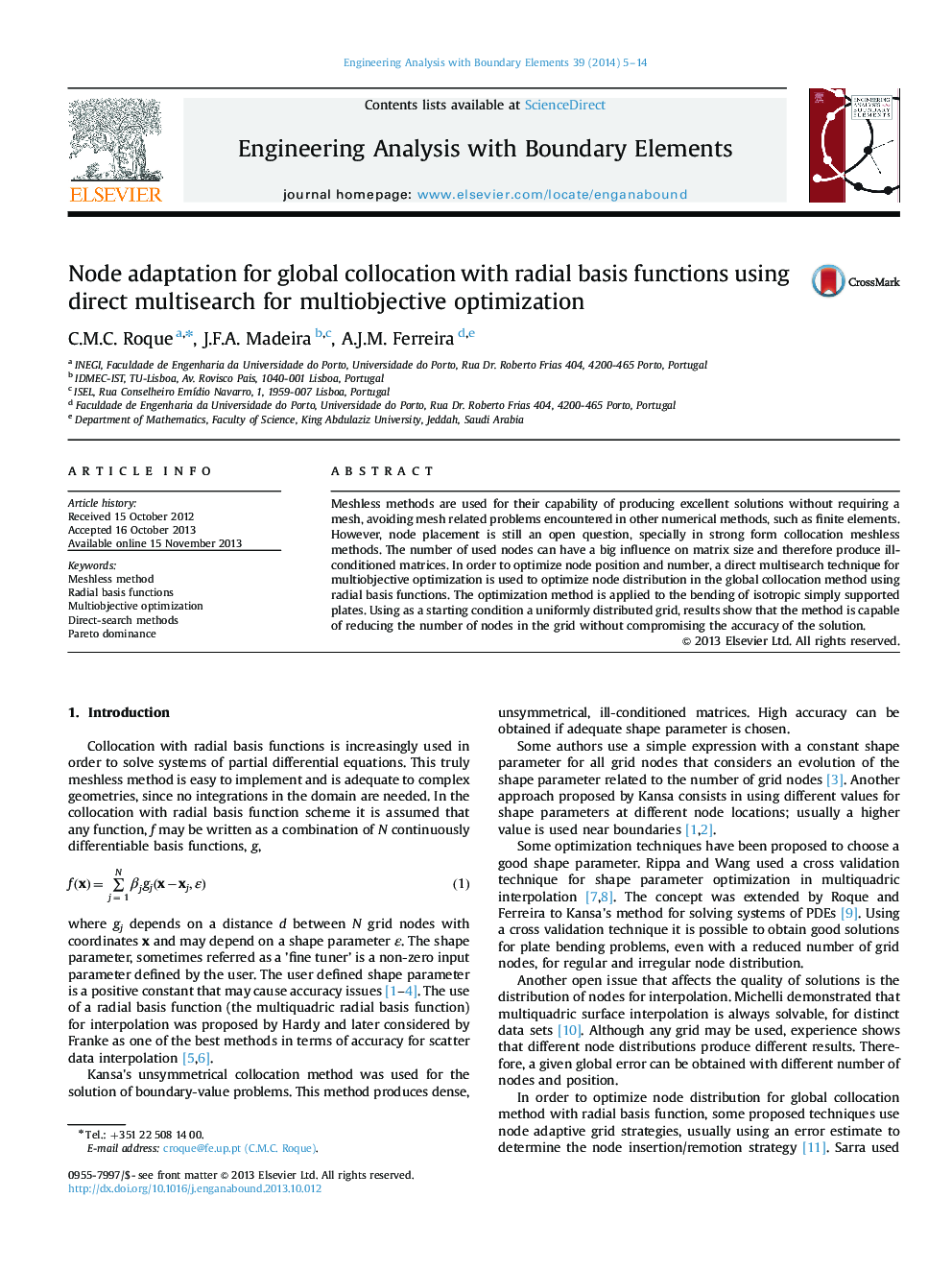 Node adaptation for global collocation with radial basis functions using direct multisearch for multiobjective optimization