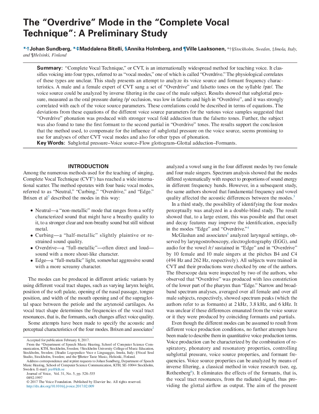 The “Overdrive” Mode in the “Complete Vocal Technique”: A Preliminary Study