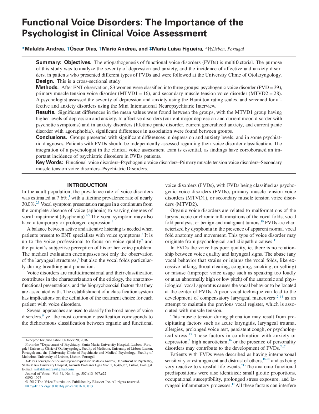 Functional Voice Disorders: The Importance of the Psychologist in Clinical Voice Assessment