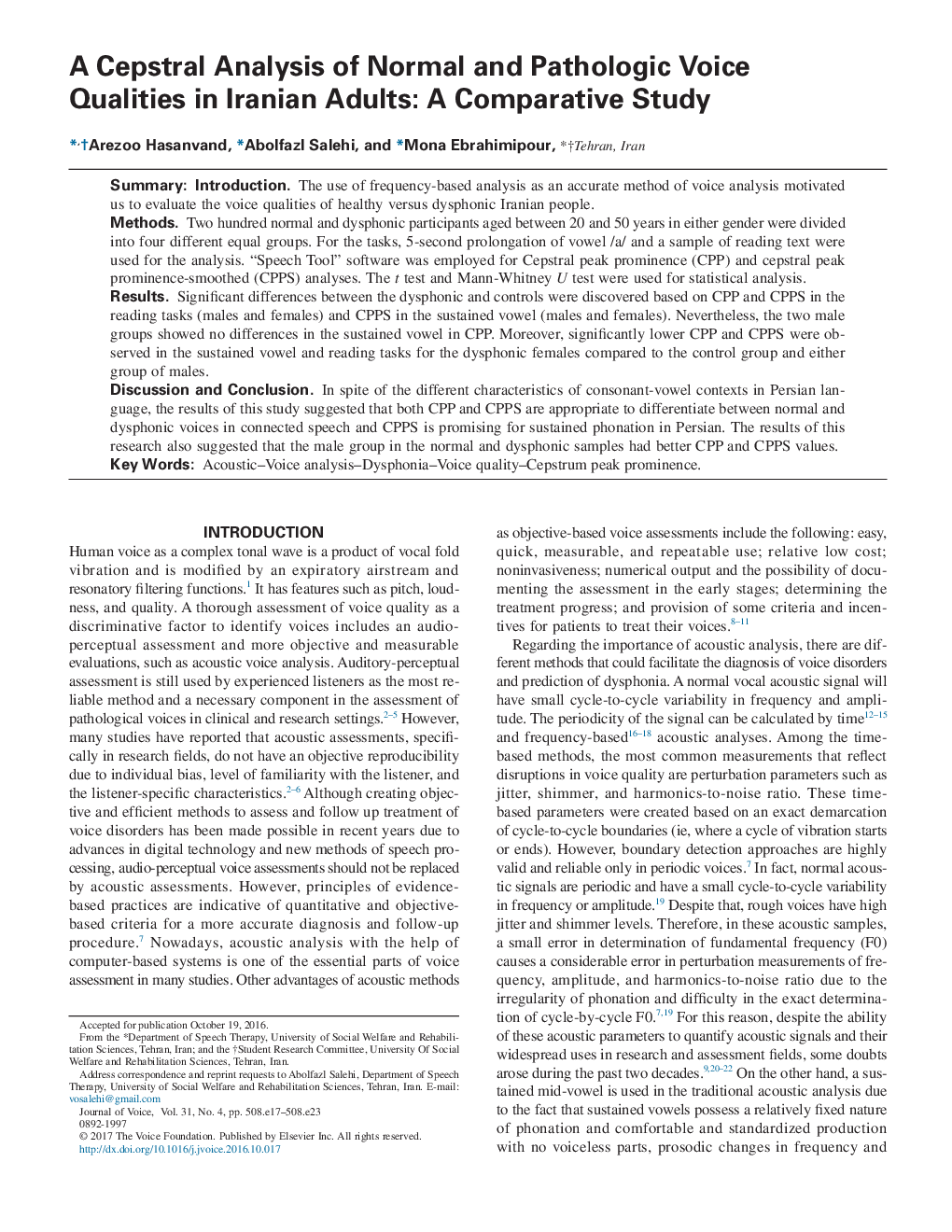 A Cepstral Analysis of Normal and Pathologic Voice Qualities in Iranian Adults: A Comparative Study