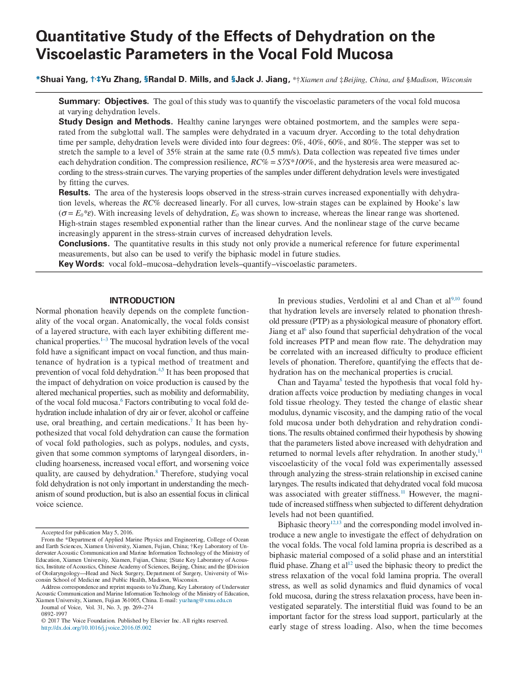 Quantitative Study of the Effects of Dehydration on the Viscoelastic Parameters in the Vocal Fold Mucosa