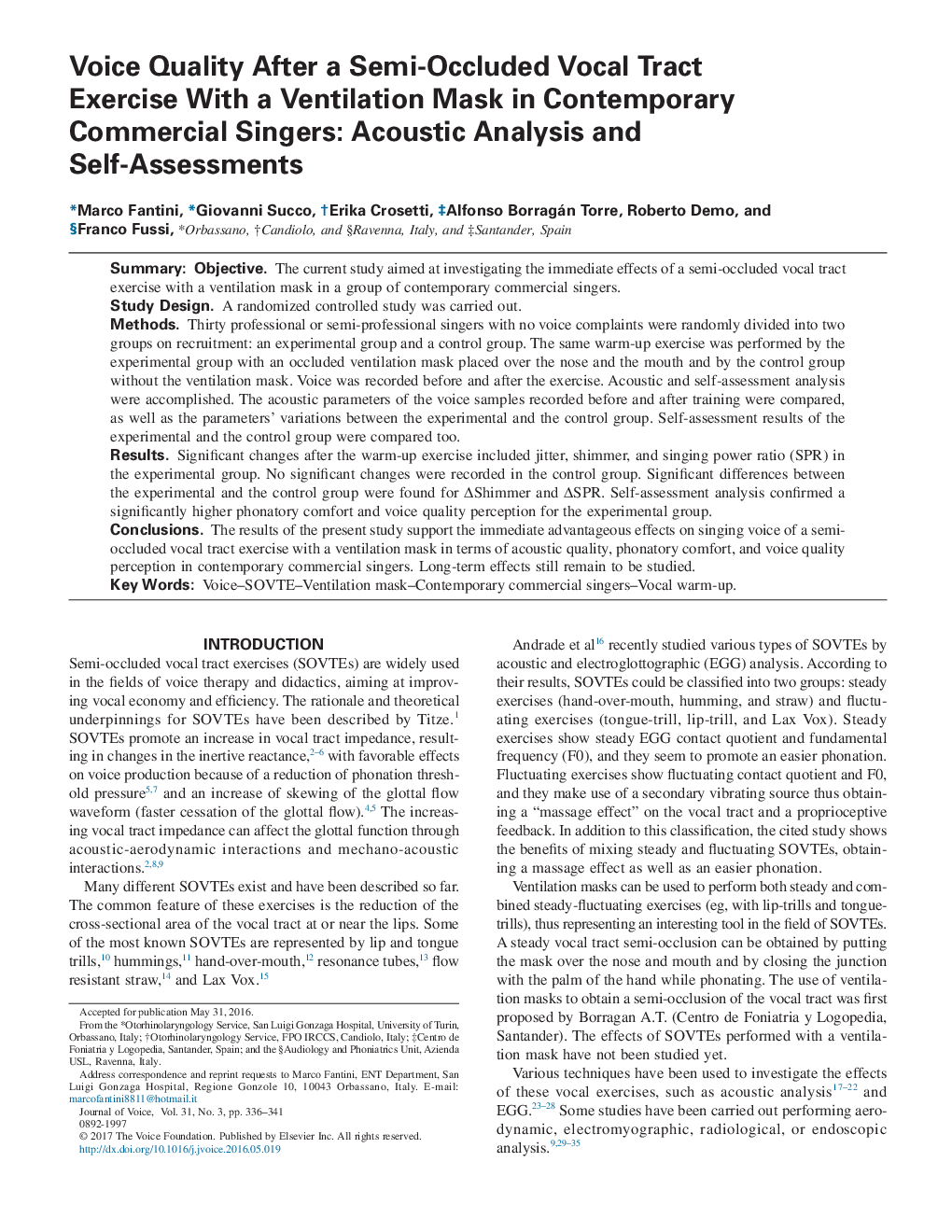 Voice Quality After a Semi-Occluded Vocal Tract Exercise With a Ventilation Mask in Contemporary Commercial Singers: Acoustic Analysis and Self-Assessments