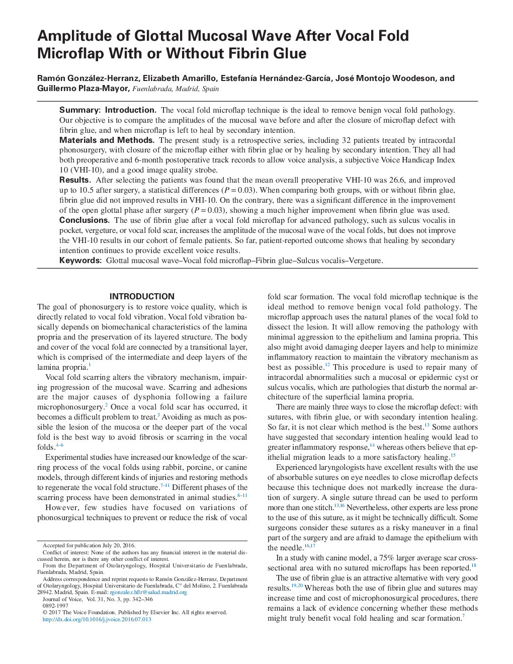 دامنه موج موکوزولی گلوتل پس از ریزش موکتی با یا بدون فیبرین چسب 