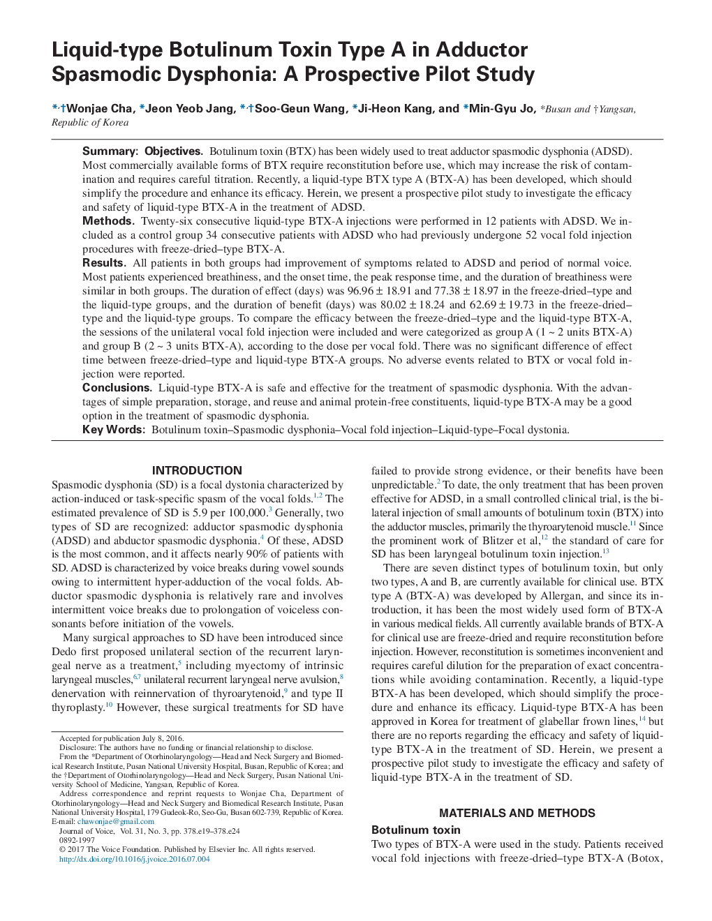 Liquid-type Botulinum Toxin Type A in Adductor Spasmodic Dysphonia: A Prospective Pilot Study