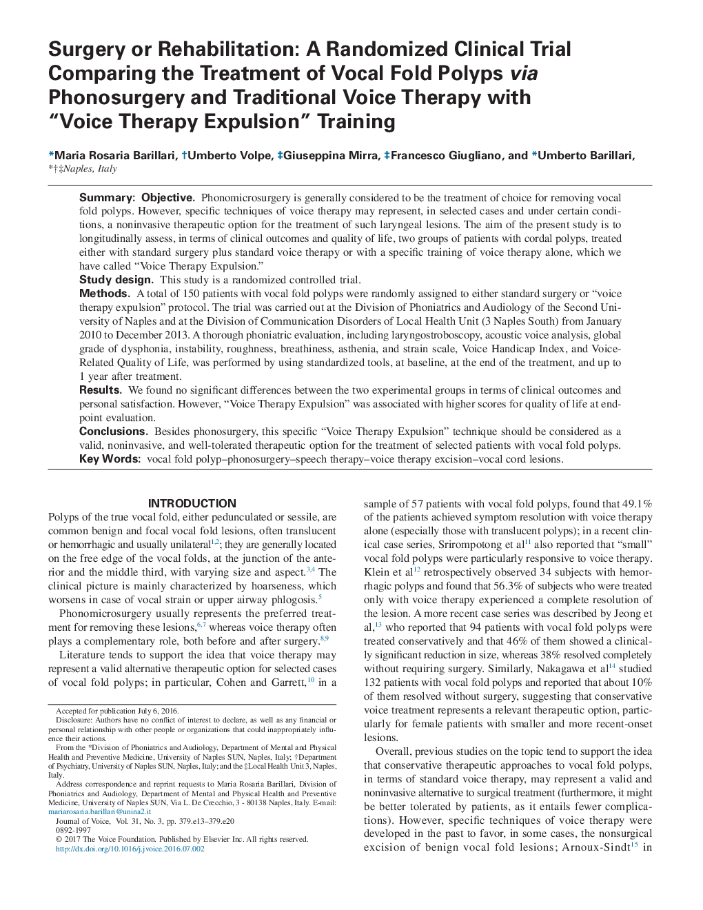 Surgery or Rehabilitation: A Randomized Clinical Trial Comparing the Treatment of Vocal Fold Polyps via Phonosurgery and Traditional Voice Therapy with “Voice Therapy Expulsion” Training
