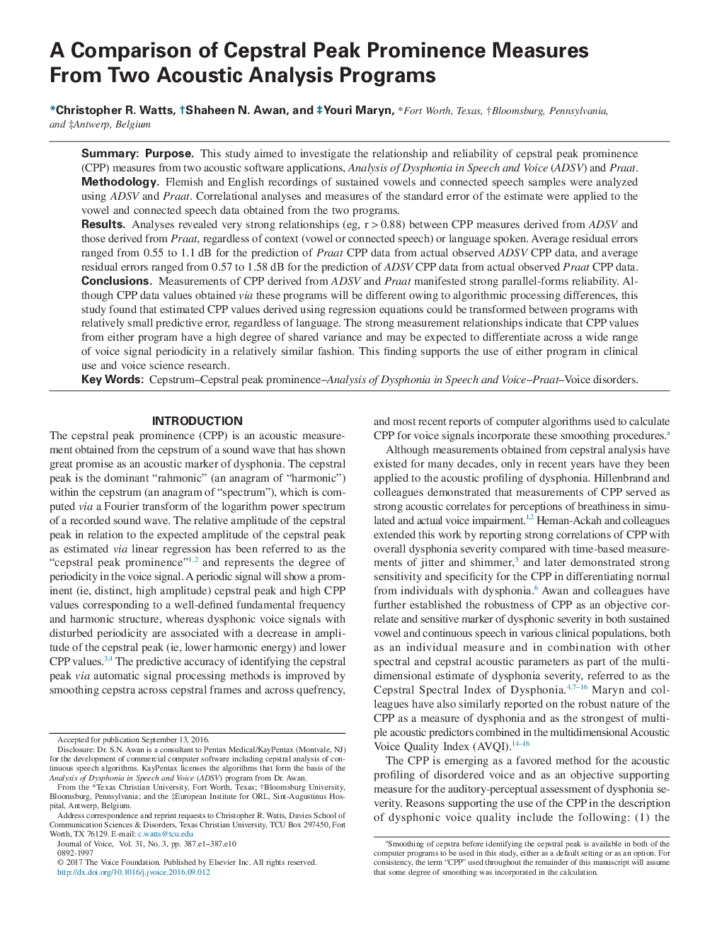 A Comparison of Cepstral Peak Prominence Measures From Two Acoustic Analysis Programs