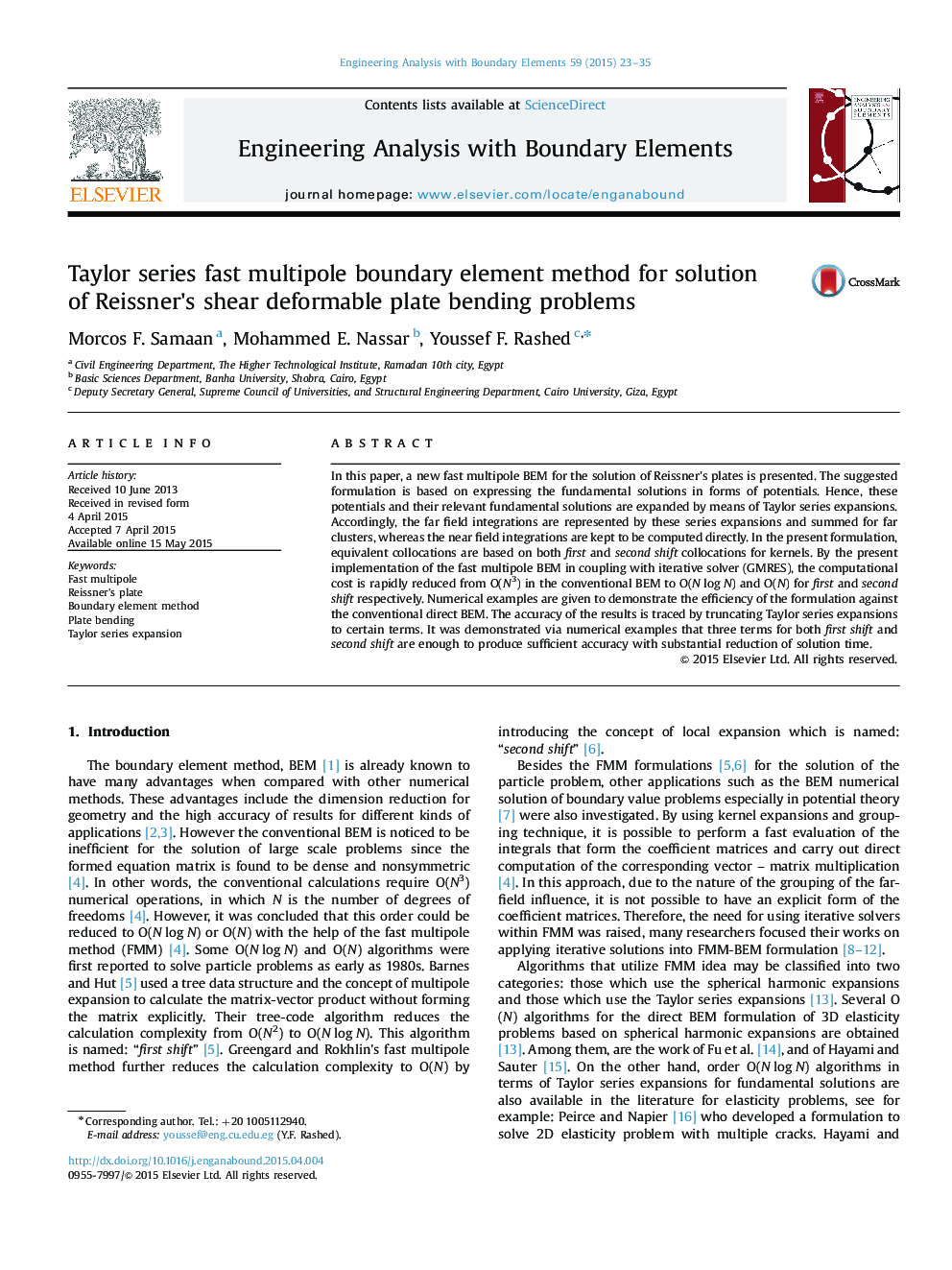 Taylor series fast multipole boundary element method for solution of Reissner׳s shear deformable plate bending problems