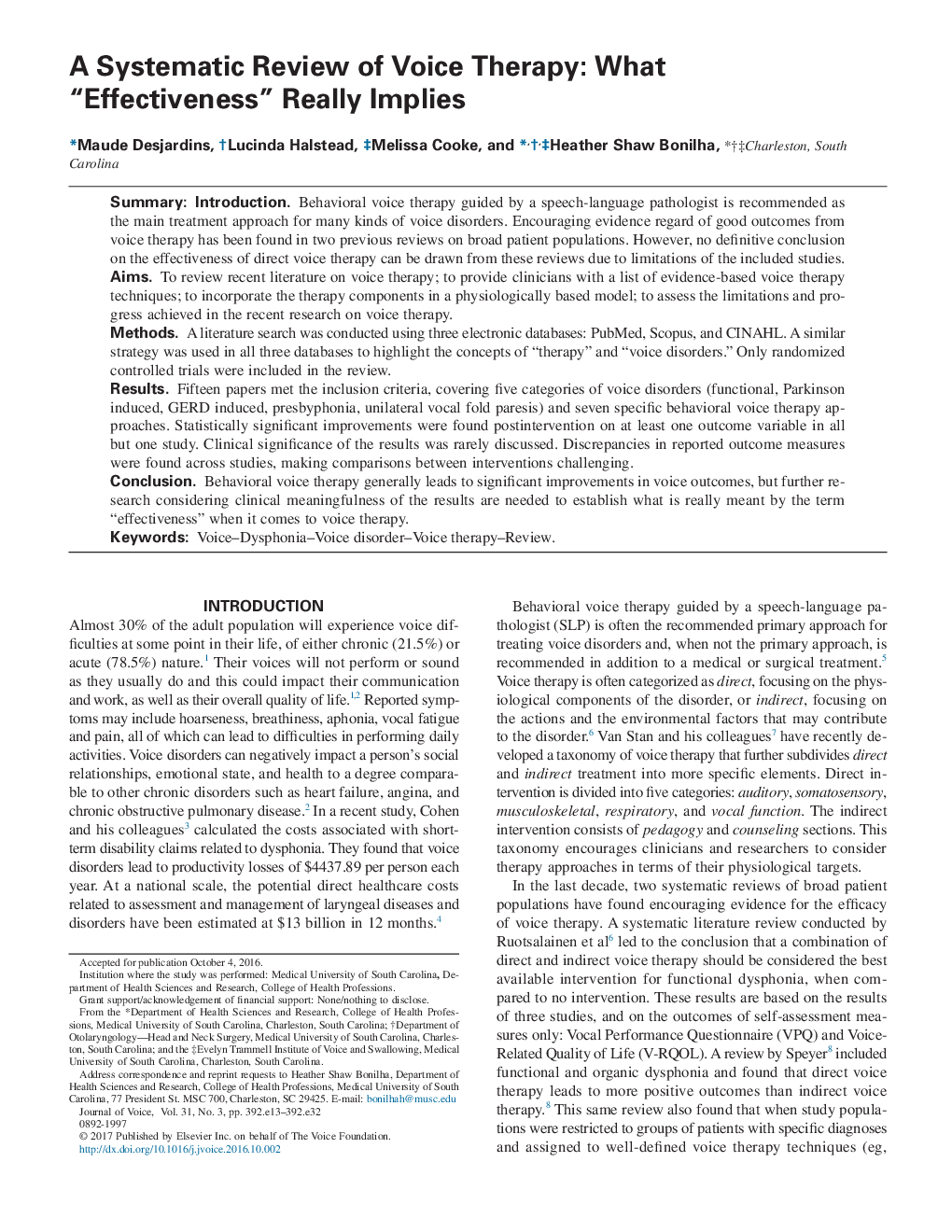 A Systematic Review of Voice Therapy: What “Effectiveness” Really Implies