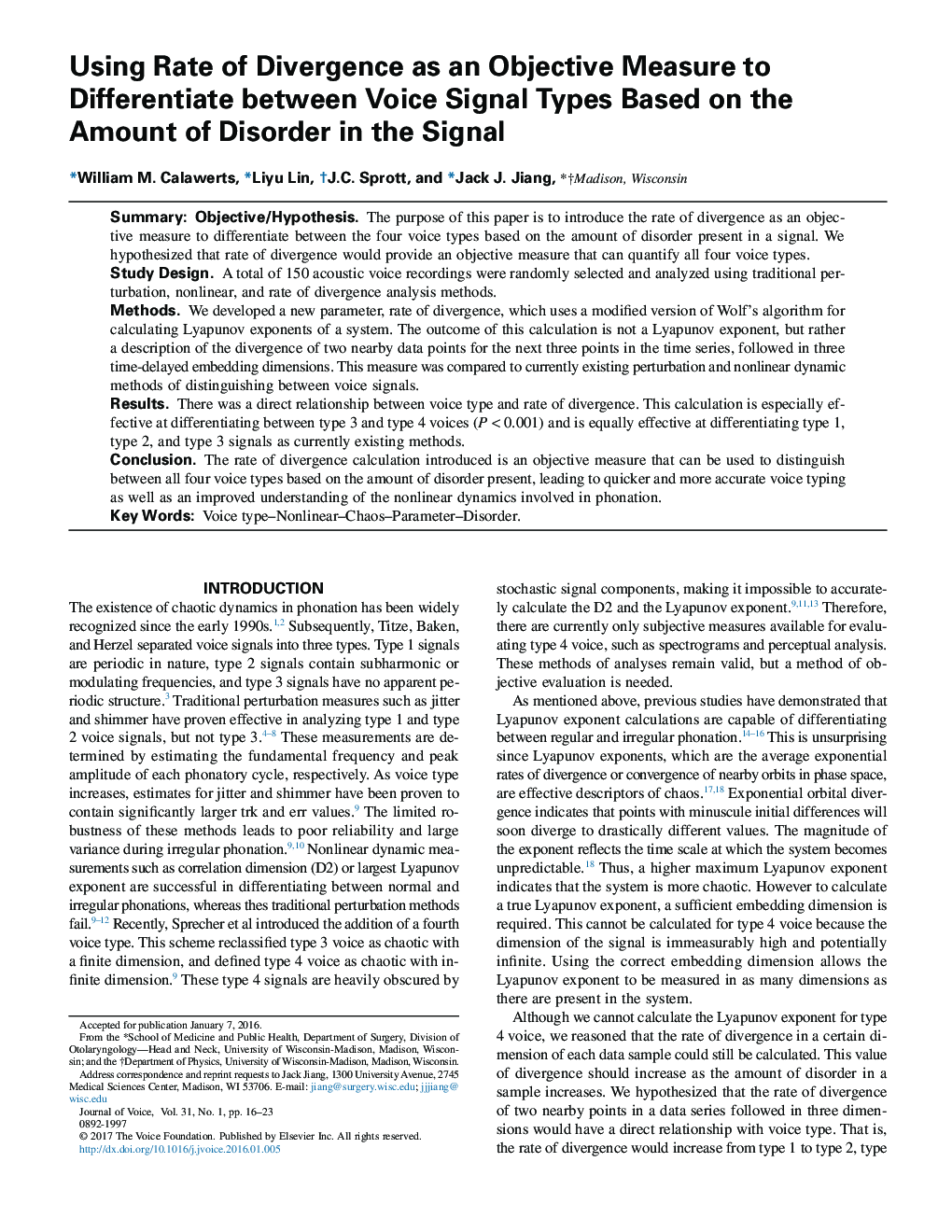 Using Rate of Divergence as an Objective Measure to Differentiate between Voice Signal Types Based on the Amount of Disorder in the Signal