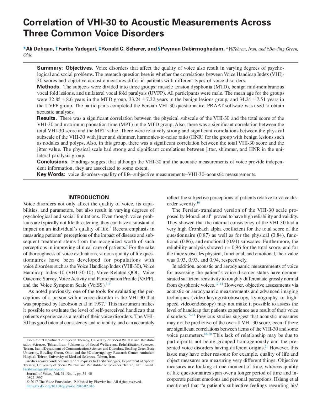 Correlation of VHI-30 to Acoustic Measurements Across Three Common Voice Disorders