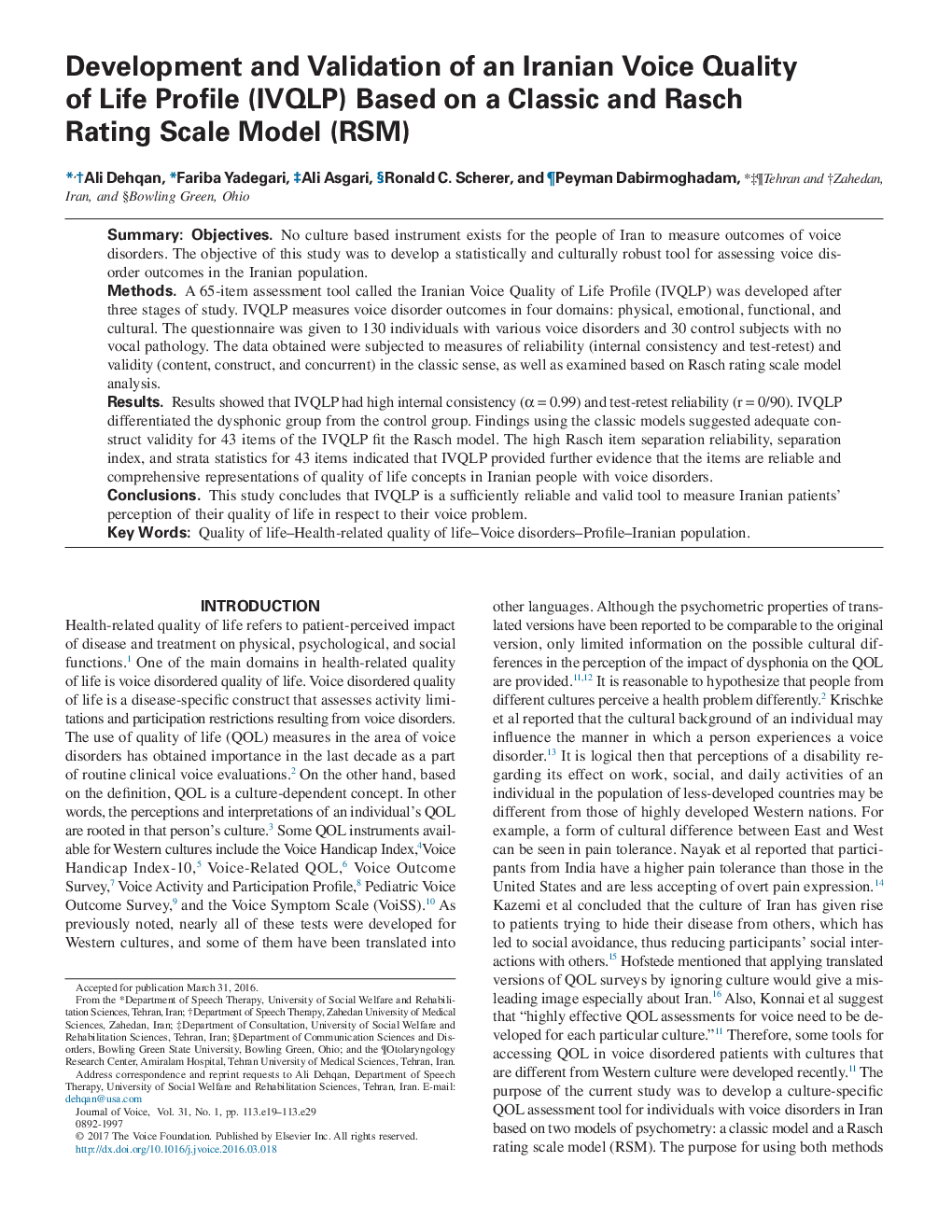 Development and Validation of an Iranian Voice Quality of Life Profile (IVQLP) Based on a Classic and Rasch Rating Scale Model (RSM)