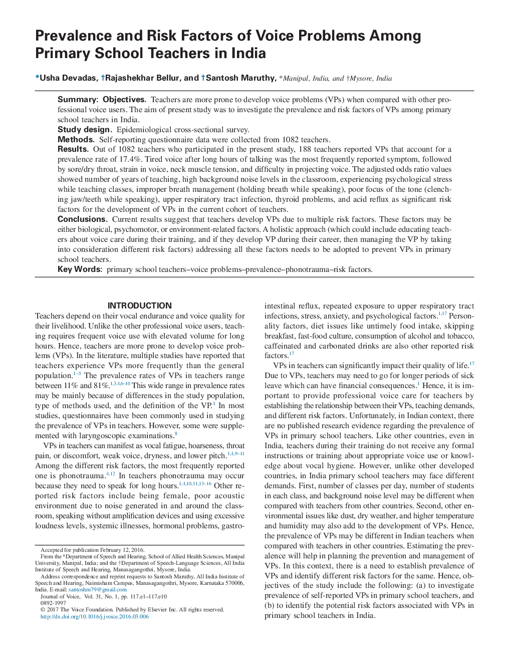 Prevalence and Risk Factors of Voice Problems Among Primary School Teachers in India